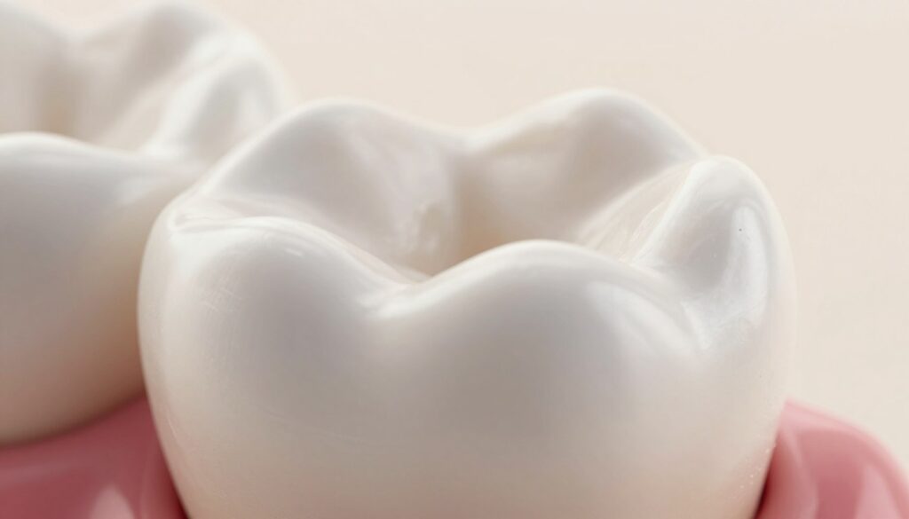 A close-up view of a human tooth displaying non-cariogenic defects resembling holes. The tooth is set against a neutral, soft-focus background to emphasize its details. The foreground captures the intricate textures of the tooth surface, highlighting minor discolorations and subtle indentations that mimic the appearance of decay but are not actual cavities. The lighting is bright and clinical, coming from an overhead angle, casting gentle shadows to add depth. The image conveys a sense of urgency and concern, aimed at illustrating the importance of identifying dental issues early. The color palette is clean and soothing, with whites and light pastels predominating to evoke a professional dental environment.
