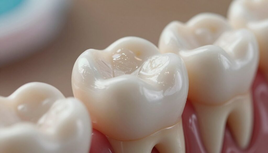 A close-up view of a human tooth showcasing its hard, glossy enamel, the hardest substance in the body. In the foreground, focus on a detailed cross-section of the tooth, highlighting the glossy surface and crystalline structure of the enamel, with a soft reflection of light to emphasize its smooth texture. In the middle ground, incorporate a healthy human jawbone, illustrating the contrast between the tooth and bone structures. The background should be softly blurred to highlight the tooth while suggesting a clinical environment, with ambient, warm lighting to evoke a sense of health and vitality. Use a macro lens perspective to capture intricate details, making the enamel's sheen and hardness prominent. The overall mood should be informative and professional, suitable for a scientific discussion. A close-up view of a human tooth showcasing its hard, glossy enamel, the hardest substance in the body. In the foreground, focus on a detailed cross-section of the tooth, highlighting the glossy surface and crystalline structure of the enamel, with a soft reflection of light to emphasize its smooth texture. In the middle ground, incorporate a healthy human jawbone, illustrating the contrast between the tooth and bone structures. The background should be softly blurred to highlight the tooth while suggesting a clinical environment, with ambient, warm lighting to evoke a sense of health and vitality. Use a macro lens perspective to capture intricate details, making the enamel's sheen and hardness prominent. The overall mood should be informative and professional, suitable for a scientific discussion.