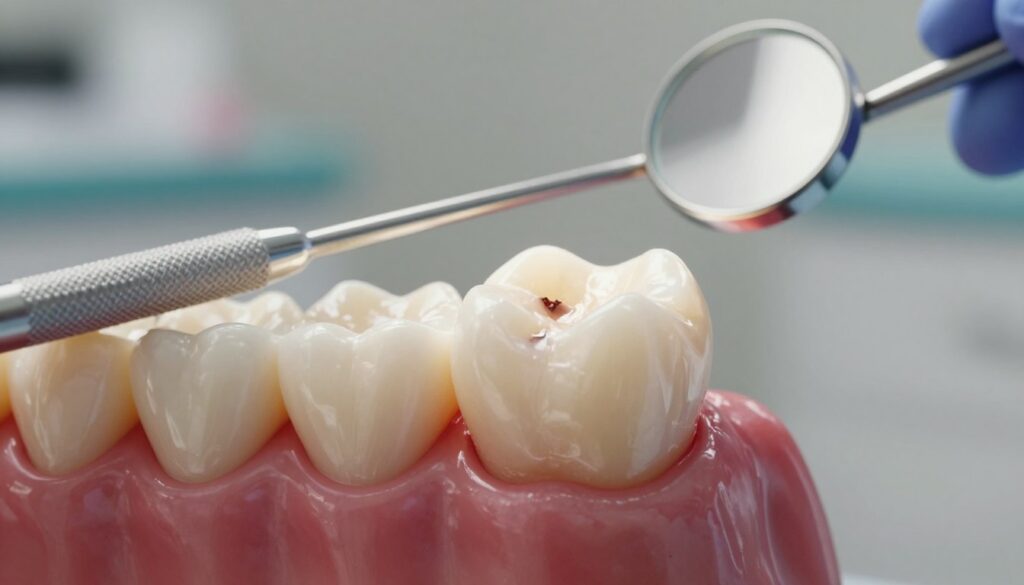 A close-up view of a human tooth with visible decay, highlighting the affected areas that indicate potential need for root canal treatment. In the foreground, showcase the tooth detailed with darkened spots and a slightly swollen gum line, conveying a sense of discomfort. The middle layer features dental tools such as a mirror and explorer, positioned to suggest a dental examination. The background should be softly blurred to resemble a dentist's office, with muted colors to evoke a calm yet clinical atmosphere. The lighting is bright and focused, illuminating the tooth while casting soft shadows. The overall mood is clinical and informative, designed to illustrate the symptoms of tooth pain and highlight the importance of dental health. A close-up view of a human tooth with visible decay, highlighting the affected areas that indicate potential need for root canal treatment. In the foreground, showcase the tooth detailed with darkened spots and a slightly swollen gum line, conveying a sense of discomfort. The middle layer features dental tools such as a mirror and explorer, positioned to suggest a dental examination. The background should be softly blurred to resemble a dentist's office, with muted colors to evoke a calm yet clinical atmosphere. The lighting is bright and focused, illuminating the tooth while casting soft shadows. The overall mood is clinical and informative, designed to illustrate the symptoms of tooth pain and highlight the importance of dental health.