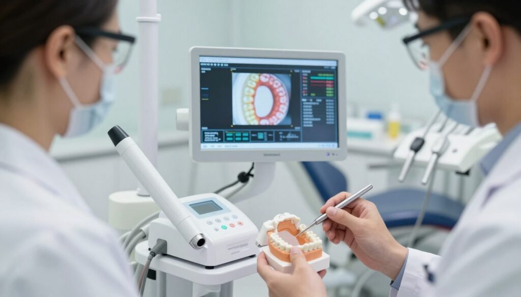 A close-up view of a modern dental clinic showcasing a high-tech dental scanner and 3D printing equipment. In the foreground, an experienced dental professional in a white lab coat, with protective eyewear, examines a dental impression model with precision tools. In the middle ground, a sleek digital screen displays scanning results in vibrant colors, illustrating the dental images captured. The background features a clean, well-lit clinical environment with dental chairs and instruments, emphasizing a sense of professionalism and advanced technology. Soft, diffuse lighting highlights the intricate details of the scanner and models, creating a calm and inviting atmosphere, suitable for a dental practice. A close-up view of a modern dental clinic showcasing a high-tech dental scanner and 3D printing equipment. In the foreground, an experienced dental professional in a white lab coat, with protective eyewear, examines a dental impression model with precision tools. In the middle ground, a sleek digital screen displays scanning results in vibrant colors, illustrating the dental images captured. The background features a clean, well-lit clinical environment with dental chairs and instruments, emphasizing a sense of professionalism and advanced technology. Soft, diffuse lighting highlights the intricate details of the scanner and models, creating a calm and inviting atmosphere, suitable for a dental practice.