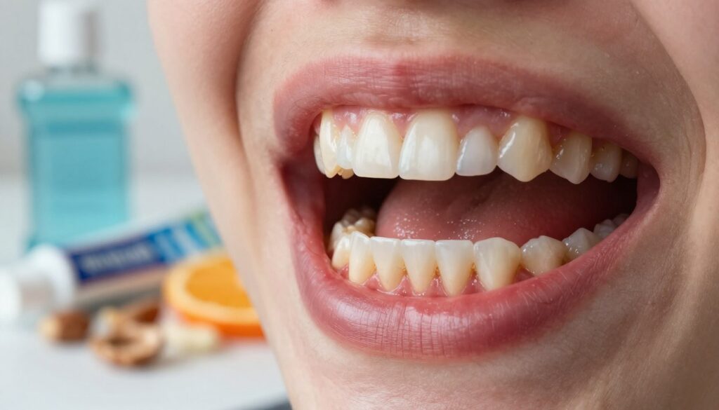 A close-up view of a mouth showing inflamed gums and irritation, representing oral allergies. The foreground features a set of healthy teeth with visible plaque buildup and red, swollen gums, emphasizing signs of discomfort. In the middle ground, a blurred background highlights various common allergens like a tube of toothpaste, a mouthwash bottle, and pieces of food that can cause irritation—like nuts and citrus fruits. The lighting is soft and natural, illuminating the oral cavity and focusing on the affected areas, capturing a clinical yet informative atmosphere. The image should evoke a sense of concern and urgency regarding oral health, with a neutral color palette to add a professional tone.
