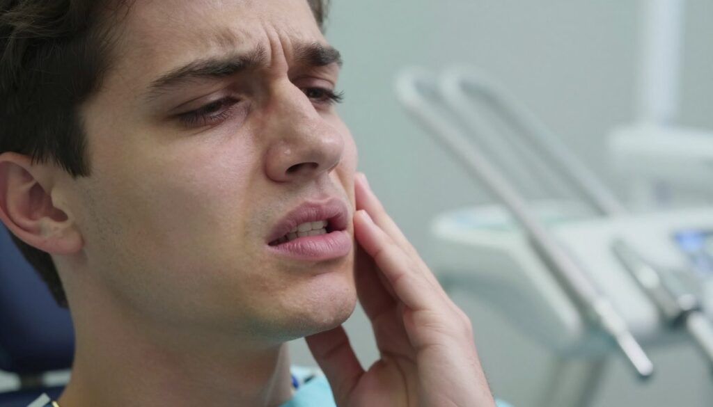 A close-up view of a person experiencing intense dental pain, subtly showing their facial expression of discomfort. The foreground features the person with their hand gently touching their cheek, emphasizing the area where they may feel soreness. The middle ground shows a blurred dental clinic setting with dental tools and equipment, contributing to the theme of post-extraction care. The background includes soft, diffused lighting to create a calm yet somber atmosphere, indicating the seriousness of the dental issue. Capture the scene with a shallow depth of field to focus on the subject’s expression, using natural lighting for a realistic effect. The overall mood should evoke empathy and awareness, highlighting the experience of pain while remaining professional and respectful.