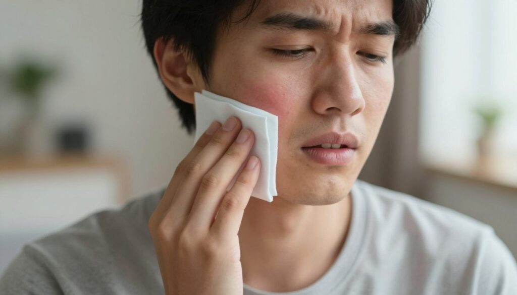 A close-up view of a person's face, featuring a visible swollen cheek, indicating discomfort and pain. The subject, a young adult dressed in a modest casual outfit, is applying a cold compress to their cheek, providing relief from dental pain. The background is softly blurred, suggesting an indoor setting, perhaps a living room, with gentle natural lighting filtering through a nearby window. The light captures the warmth of the environment while highlighting the tense expression on the subject's face. The mood is one of seeking relief and comfort amidst distress, making the situation relatable and expressing the urgency of self-care in moments of pain.