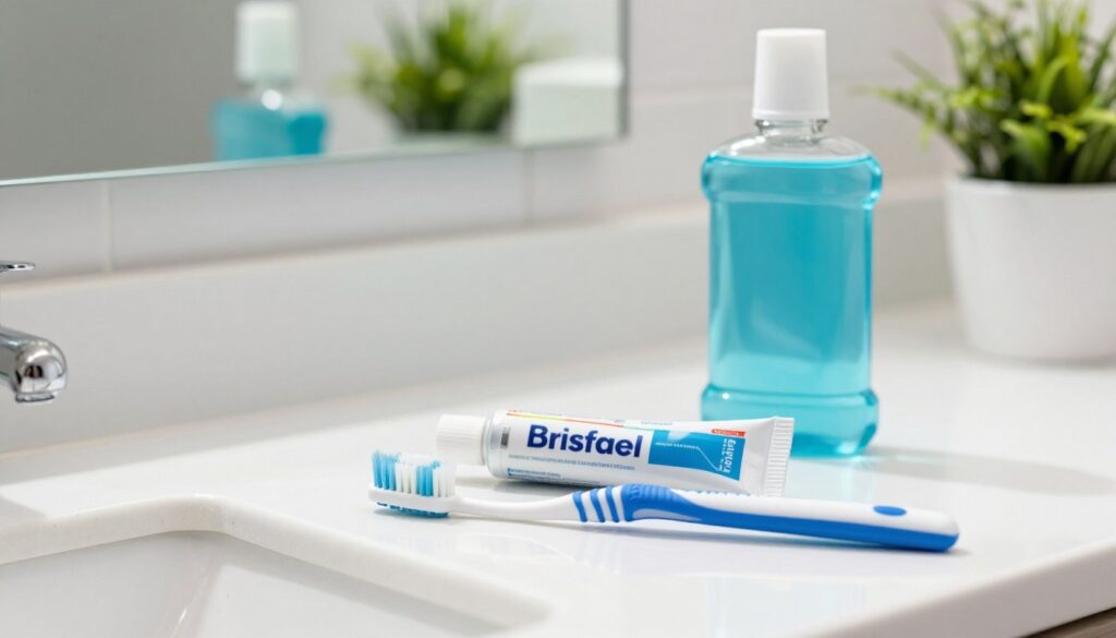 A close-up view of a pristine dental care setup on a bright, clean bathroom countertop, featuring a toothbrush with soft bristles, a tube of fluoride toothpaste, and a bottle of mouthwash, all displayed attractively. In the background, a mirror reflects natural sunlight illuminating the space, enhancing the sense of hygiene and health. The scene conveys a calm and soothing atmosphere, emphasizing the importance of oral hygiene during gum inflammation. Fresh green plants in the background add a touch of liveliness and well-being. The image should be vibrant and clear, captured from a slightly elevated angle to include all items in focus, showcasing the tools necessary for maintaining good oral hygiene. A close-up view of a pristine dental care setup on a bright, clean bathroom countertop, featuring a toothbrush with soft bristles, a tube of fluoride toothpaste, and a bottle of mouthwash, all displayed attractively. In the background, a mirror reflects natural sunlight illuminating the space, enhancing the sense of hygiene and health. The scene conveys a calm and soothing atmosphere, emphasizing the importance of oral hygiene during gum inflammation. Fresh green plants in the background add a touch of liveliness and well-being. The image should be vibrant and clear, captured from a slightly elevated angle to include all items in focus, showcasing the tools necessary for maintaining good oral hygiene.