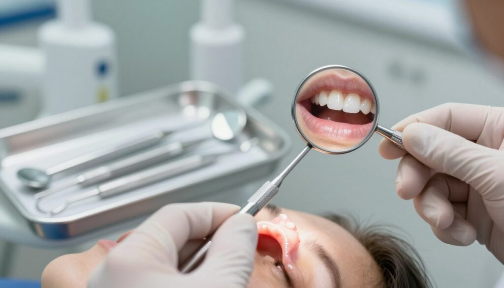 A close-up view of a professional dental setting, focusing on a dental mirror reflecting a patient’s mouth with a healthy, white gum after tooth extraction. In the foreground, a dentist's gloved hand gently examines the gum area with a dental instrument, highlighting the texture of the gum tissue, which appears slightly glossy and clean. The middle section showcases the dental tools neatly arranged on a tray, with soft, diffused lighting illuminating the scene, creating a calm and reassuring atmosphere. The background includes a blurred dental operatory with equipment, emphasizing a sterile environment. The composition should evoke a sense of safety and professionalism, perfect for educating readers about post-extraction care and self-examination techniques.