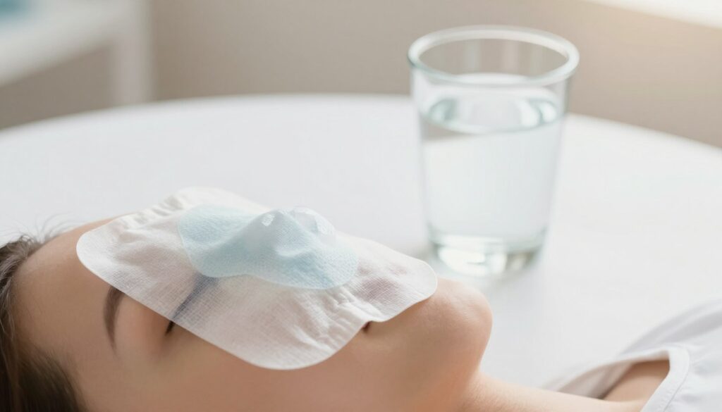 A close-up view of a soothing and healing compress used after a dental extraction, elegantly arranged on a clean, white background. In the foreground, an ice pack wrapped in a soft, light fabric sits gently on a dental patient's cheek, symbolizing comfort and care. The middle layer features a small glass of warm saline solution, highlighting the importance of proper oral hygiene post-extraction. The background is softly blurred, creating an atmosphere of tranquility and calmness, with warm, natural lighting illuminating the scene. The overall mood is serene and reassuring, suitable for educating readers about the care needed after a tooth extraction.
