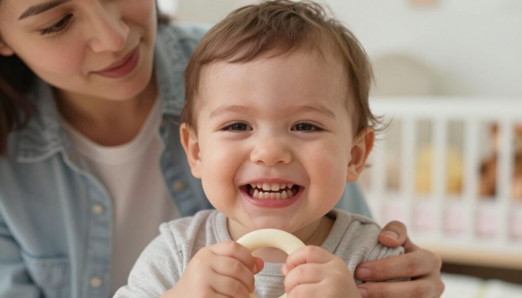A close-up view of a toddler with a slight grimace, showcasing their gums and emerging baby teeth. The child's face is framed by soft, warm lighting that highlights their delicate features. In the foreground, a soothing teething ring rests in the child's hand. The middle ground captures the concerned expression of a parent gently comforting the child, dressed in a casual yet modest outfit. The background softly blurs out, featuring a cozy nursery setting with pastel colors, like a crib and soft toys. The atmosphere is nurturing and empathetic, depicting the tenderness of a moment where love and care are central to alleviating discomfort.