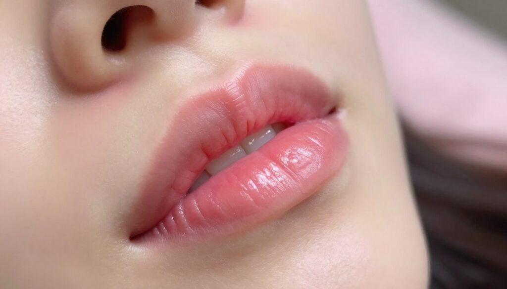 A close-up view of a woman's lips post-permanent makeup application, showcasing a vibrant but natural pink hue, glossy yet soft texture. The foreground features a gentle light reflection highlighting the contours of her lips. In the middle of the frame, the focus is on the smooth, well-defined edges, emphasizing the beauty of the freshly done color. The background is softly blurred, featuring muted pastel tones to create a soothing atmosphere, evoking feelings of relaxation and care. The lighting is warm and inviting, with a slight shine that adds depth to the image, captured with a macro lens for intimate detail. The mood conveys a sense of beauty and caution, illustrating the delicate nature of post-treatment care.
