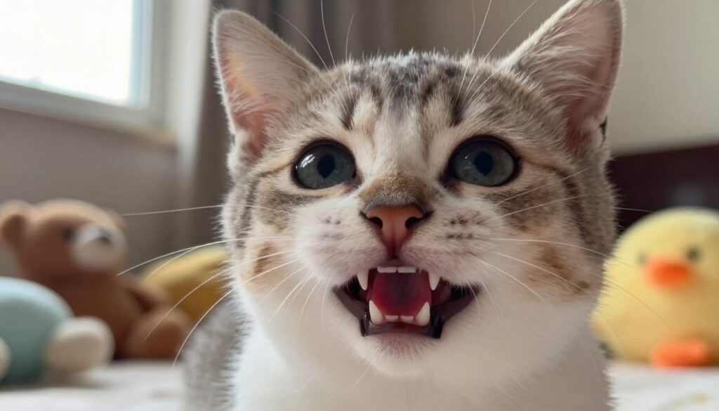 A close-up view of a young kitten showcasing both its baby teeth and emerging adult teeth, highlighting the dual dental structures in its mouth. The foreground should focus on the kitten's adorable face with bright, curious eyes and a gentle expression, capturing the intricate details of the teeth, emphasizing the contrast between the white baby teeth and the larger adult teeth. The middle ground features soft, blurred plush toys to evoke a playful atmosphere, while a natural home setting provides depth in the background with warm, diffused lighting coming from a nearby window, creating a soft and inviting mood. The composition should be tight, filling the frame with the kitten's face, shot at an eye-level angle to enhance intimacy.