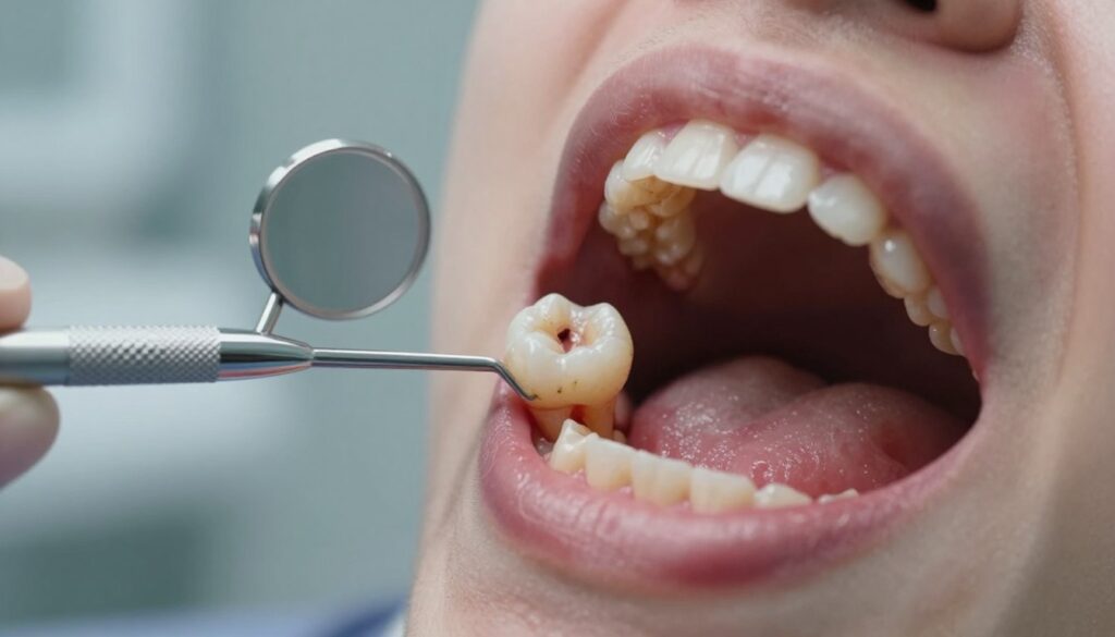 A close-up view of an infected tooth illustrating dental abscess and swollen gums. The foreground features a clear, detailed depiction of an open mouth, showcasing a decayed tooth with visible discoloration and inflammation of the surrounding gums. In the middle, include tools like dental mirrors and probes to suggest a clinical examination of the tooth. The background should be soft and blurred, suggesting a dental clinic setting with subdued lighting to create a serious atmosphere. The scene captures a somber mood reflecting dental distress, emphasizing the importance of oral health. Use a shallow depth of field to focus on the tooth and gums while softly blurring the surrounding elements.