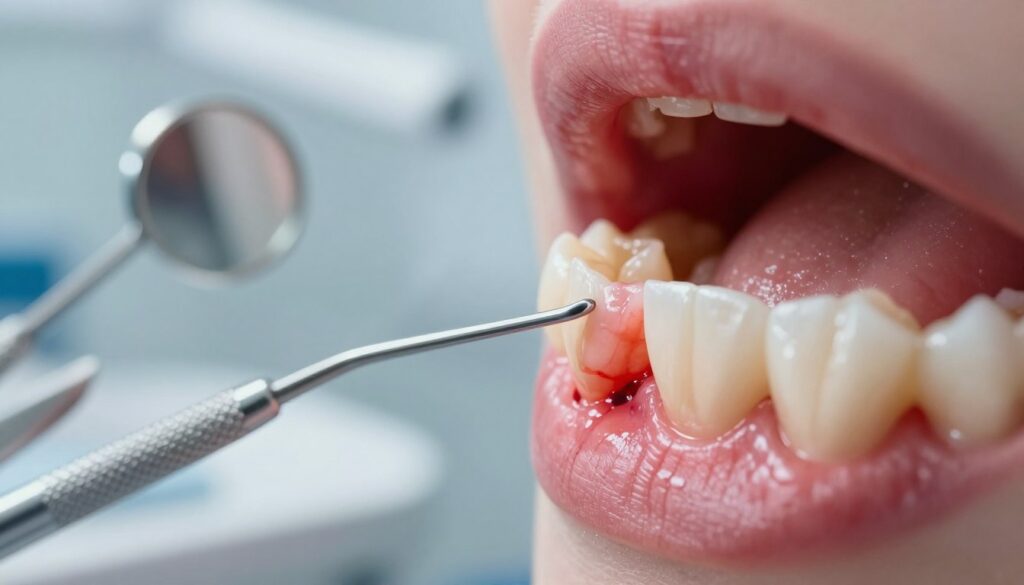 A close-up view of an inflamed gum near a wisdom tooth, displaying red, swollen tissue with a hint of blood, emphasizing the discomfort associated with dental issues. The foreground highlights the inflamed area with sharp focus, showcasing the texture of the gum and tooth. In the middle ground, a blurred background suggests a dental office, equipped with basic tools like mirrors and probes subtly present, providing context without distraction. The lighting is soft and clinical, creating a serious yet informative atmosphere with a cool color palette to enhance the medical feel. The angle captures the tension and concern of dental pain, while maintaining professionalism and emphasizing the health aspect.