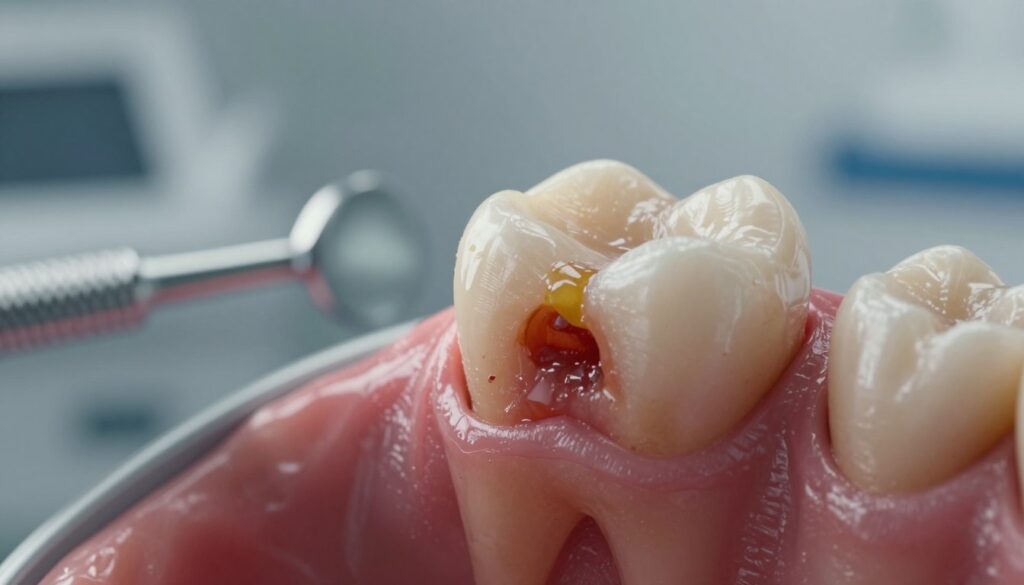 A close-up view of an untreated dental abscess, showcasing the swollen gum tissue surrounding a decayed tooth. The foreground features the tooth with visible discoloration, highlighting the abscess with a yellowish pus-filled area. The middle ground includes detailed textures of the inflamed gum, with signs of bleeding and swelling indicating infection. In the background, a blurred dental office setting with sterile tools, emphasizing a clinical environment. Use soft, diffused lighting to create a somber mood, with a focus on the tooth. The angle should be slightly tilted to give depth to the composition, highlighting the urgency of dental care. The atmosphere conveys a sense of concern and the seriousness of neglecting dental health.