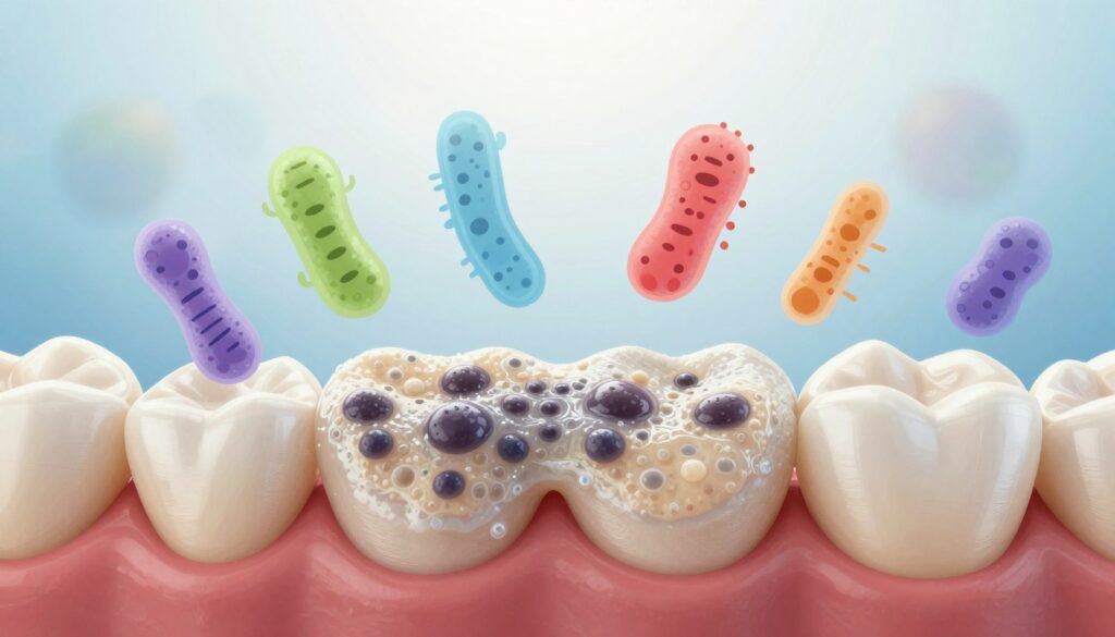 A close-up view of dental plaque and bacteria on a tooth surface, showcasing a detailed illustration of the biofilm structure. In the foreground, focus on the textured surface of a tooth covered with a visible layer of plaque, highlighting the dark and light areas to signify bacterial colonies. In the middle, depict illustrations of various types of bacteria, clearly defined and colorful, to demonstrate their shapes and sizes. The background should be a soft, blurred gradient of dental-related colors, like light blue and white, to evoke a clean and hygienic atmosphere. Use soft, diffused lighting from the top to enhance the textures and details of the plaque and bacteria, creating a scientific yet approachable mood that emphasizes the importance of oral hygiene.