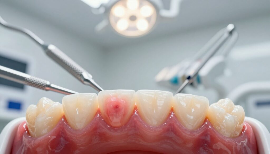 A close-up view of inflamed gums, showcasing symptoms of gingivitis, with vivid red and swollen tissue contrasted against healthy teeth. In the foreground, the gums appear prominently, highlighting signs of irritation and discomfort. The middle ground features a set of clean dental tools, suggesting dental care and hygiene. The background includes a softly blurred dental office scene, with bright overhead lights illuminating the clinical environment. The atmosphere is clinical yet approachable, emphasizing the importance of dental health. Use natural lighting to create a clean and professional feel, ensuring no people are present in the image. The focus should be sharp on the gums and dental tools, conveying a sense of urgency for dental attention.