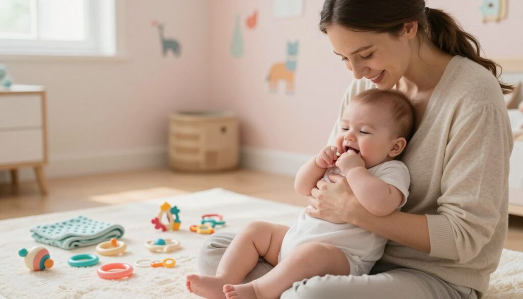 A comforting scene depicting a cozy baby room with a gentle, soothing atmosphere. In the foreground, a smiling mother gently cradles her teething baby, showcasing their sensitive, white gums. The mother is dressed in modest, casual clothing, radiating warmth and care. In the middle ground, an array of teething toys, such as soft rubber rings and a cool, textured cloth, are arranged neatly on a plush playmat. The background features pastel-colored walls adorned with cute animal prints and soft natural lighting streaming through a window, creating a peaceful ambiance. The overall image conveys a sense of tenderness and relief, suitable for parents seeking ways to soothe their teething infants.