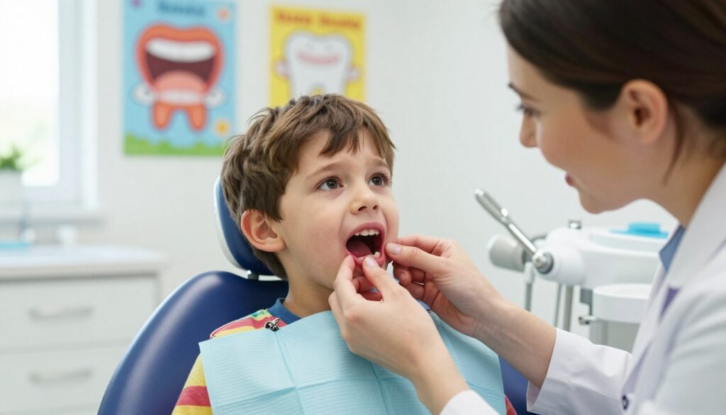 A concerned parent examines the mouth of their young child, who appears to be around five years old. The child, with short brown hair and wearing a colorful t-shirt, is sitting in a brightly lit, cheerful dental office. Visible symptoms of gum swelling and slight redness can be seen around the child's gums, creating a sense of urgency. The background features engaging dental posters and a friendly dentist's tools, contributing to a warm and supportive atmosphere. Soft natural light from a nearby window enhances the reassuring feel of the scene. The angle captures both the child's worried expression and the parent's gentle concern, emphasizing the importance of care and immediate attention.