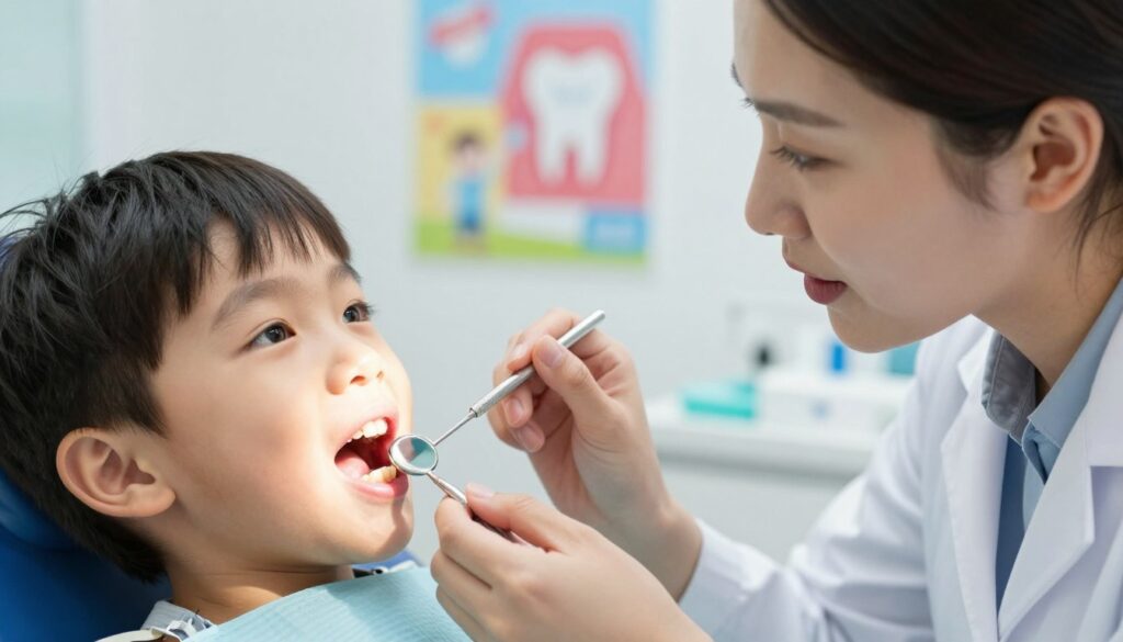 A concerned parent examining a child's teeth in a bright dental clinic, showcasing the effects of childhood dental caries (próchnica). In the foreground, focus on a child's mouth with a visibly decayed milk tooth, highlighting the contrast between healthy and damaged teeth. The middle ground features a dental professional in a white coat, gently holding a dental mirror, looking attentively at the child's mouth, exuding a nurturing atmosphere. In the background, colorful dental posters illustrating proper oral hygiene are displayed on the walls. Soft, natural lighting casts a warm glow, enhancing the caring environment. The overall mood is one of awareness and education, emphasizing the importance of dental health in children.