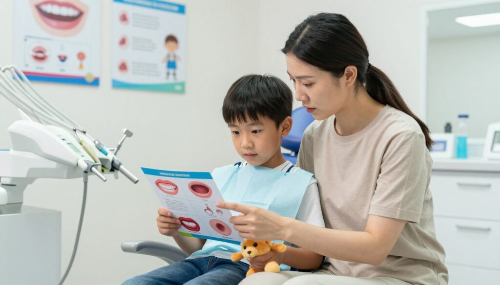 A concerned parent sitting beside their child in a brightly lit pediatric dental office, both looking at a colorful chart about gum health. The child, a young boy around six years old, has a gentle expression, holding a plush toy with one hand, while the other points to a visual of healthy gums versus inflamed gums. The background showcases children's dental tools and educational posters about gum disease and treatment timelines. Soft, natural lighting illuminates the scene, creating a warm and reassuring atmosphere, while dental equipment is subtly displayed to emphasize the clinical setting. The focus is on the interaction between the parent and child, highlighting the support and care in managing gum inflammation in children.