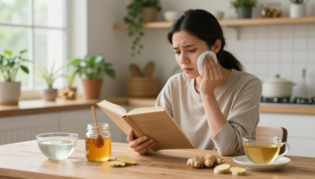 A cozy kitchen setting focused on natural remedies for reducing gum swelling. In the foreground, a wooden table displays an array of home remedy ingredients: a small bowl of warm saltwater, honey in a jar, fresh ginger slices, and a cup of herbal tea. In the middle ground, a bust of a concerned but calm individual with a gentle expression is consulting a book about home remedies while holding a warm compress against their cheek. The background features shelves filled with plants and natural ingredients, softly illuminated by warm, natural light coming from a nearby window. The overall mood is soothing and informative, emphasizing care and safety in home treatments. A cozy kitchen setting focused on natural remedies for reducing gum swelling. In the foreground, a wooden table displays an array of home remedy ingredients: a small bowl of warm saltwater, honey in a jar, fresh ginger slices, and a cup of herbal tea. In the middle ground, a bust of a concerned but calm individual with a gentle expression is consulting a book about home remedies while holding a warm compress against their cheek. The background features shelves filled with plants and natural ingredients, softly illuminated by warm, natural light coming from a nearby window. The overall mood is soothing and informative, emphasizing care and safety in home treatments.
