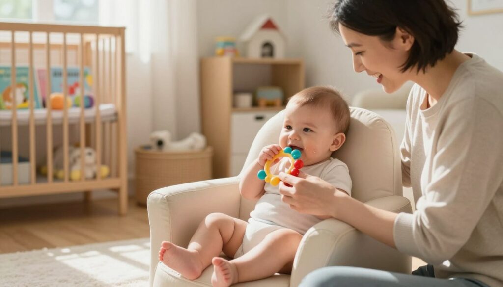 A cozy, well-lit nursery scene showcasing a gentle interaction between a cheerful parent and their teething baby. In the foreground, the parent, dressed in casual yet modest clothing, holds a colorful teething toy, smiling to engage the baby. The baby sits comfortably in a soft, playful armchair, with visible drool on their chin, displaying signs of teething discomfort while chewing on the toy. In the middle background, a nurturing environment with shelves filled with baby books and toys, and a soft rug beneath the chair. Warm, diffused sunlight streams through a window, casting soft shadows that create a calm atmosphere. The mood is loving and reassuring, emphasizing natural solutions to teething in a familiar, homey space.