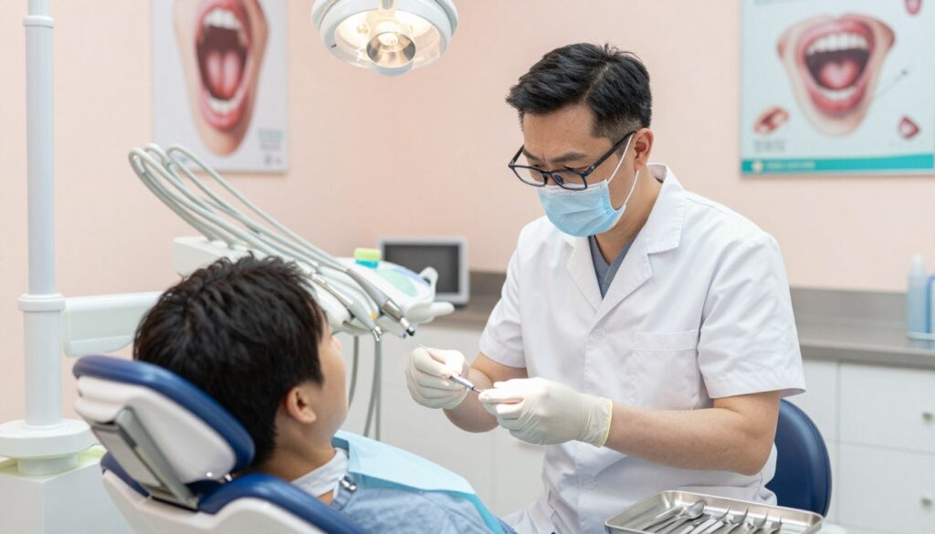 A dental clinic interior with a focus on a dentist in professional attire, examining a patient in a dental chair. The dentist, a middle-aged man with glasses, shows a concerned expression as he inspects the patient's mouth, highlighting a dental issue. The foreground features dental tools and a tray neatly arranged next to the chair. The middle ground includes a bright, well-lit room with modern dental equipment and a wall adorned with dental health posters. The background shows a calming color palette with soft pastel tones, creating a reassuring and professional atmosphere. Use soft, diffused lighting to enhance the sense of calm and urgency, with a slightly elevated angle to capture the interaction clearly.