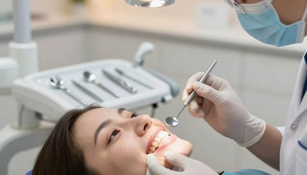 A dental clinic scene depicting a close-up view of a patient’s teeth with porcelain veneers, showcasing their natural shine and color contrast against discolored teeth. The foreground features a dental hygienist in professional attire, carefully examining the patient’s smile with a dental mirror and light. The middle layer includes a well-organized dental work surface with tools and a dental chair. The background is softly blurred to suggest a clean, modern clinic environment with warm lighting, creating a calming atmosphere. The focus should be on the transformation and aesthetic appeal of the veneers, illustrating their role in enhancing dental appearance. Use a shallow depth of field to highlight the details in the foreground, evoking a sense of professionalism in aesthetic dentistry.