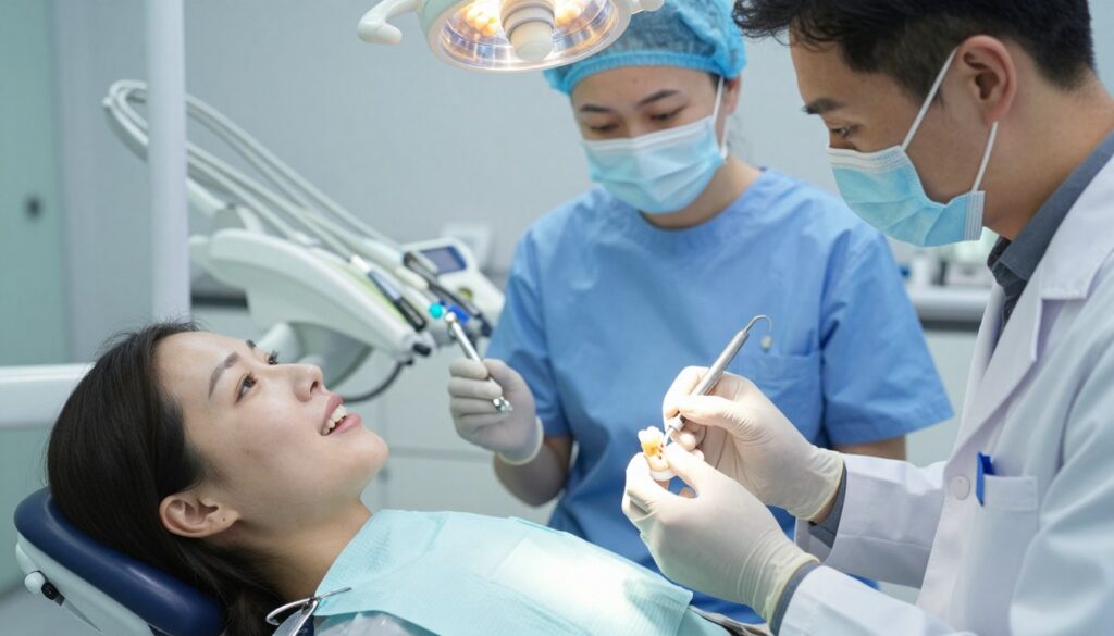 A dental clinic scene showcasing the process of cementing a dental crown. In the foreground, a dentist, dressed in professional attire, carefully applies dental cement to a beautifully crafted porcelain crown with a focused expression. In the middle ground, an assistant holds equipment, and a dental patient reclines calmly in a comfortable dental chair, their mouth slightly open, a dental bib in place. The background features a well-organized dental workspace with dental tools, a bright light shining down, and soothing shades of blue and white creating a clean, sterile atmosphere. The lighting is bright and focused, highlighting the intricate details of the crown and the concentration of the dental professionals. The mood is serene and professional, capturing a moment of precision in dental care.