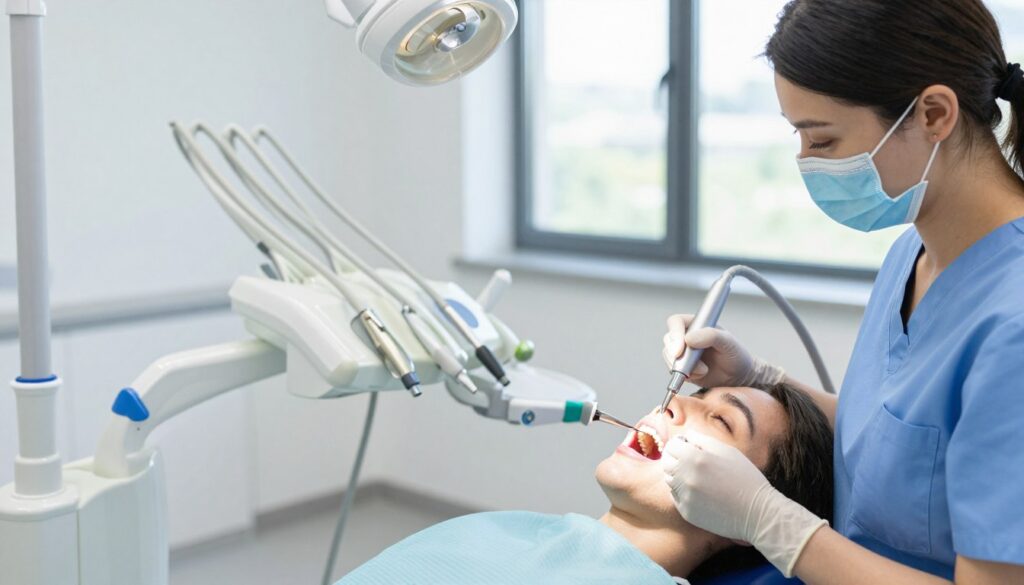 A dental hygienist performing a teeth polishing procedure, with a focus on the jet of fine powder used in teeth sandblasting. In the foreground, a professional female hygienist in scrubs, wearing a face mask and gloves, carefully operates a sandblasting tool aimed at a patient’s mouth. The middle ground shows the patient reclining in a modern dental chair, looking relaxed and comfortable. In the background, the dental office is bright and inviting, equipped with high-tech dental instruments and a large window letting in natural light. The atmosphere conveys cleanliness and professionalism, highlighting the importance of dental aesthetics and preventative care in oral health. The lighting is bright, soft, and even, creating a calm and reassuring environment.