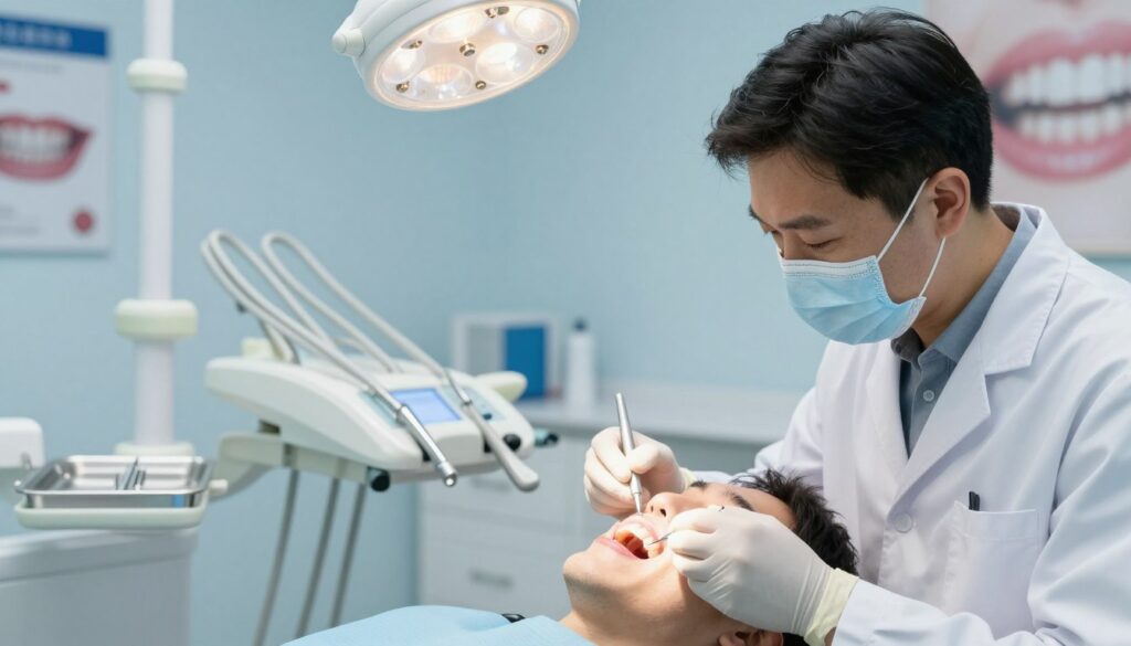 A dental professional meticulously examines a patient’s gum pocket in a clinical setting. In the foreground, the dentist, dressed in a white coat, wearing protective gloves and a face mask, is holding a dental tool, focused on a tooth with visible gum recession. In the middle ground, a dental chair with high-tech equipment is visible, along with an open dental instrument tray. The background shows soft, diffused lighting from overhead lamps, casting a clean and sterile atmosphere, emphasizing the importance of dental care. The room features pale blue walls and a large poster about oral health on one side, enhancing the educational theme. The overall mood conveys professionalism and a commitment to patient care. A dental professional meticulously examines a patient’s gum pocket in a clinical setting. In the foreground, the dentist, dressed in a white coat, wearing protective gloves and a face mask, is holding a dental tool, focused on a tooth with visible gum recession. In the middle ground, a dental chair with high-tech equipment is visible, along with an open dental instrument tray. The background shows soft, diffused lighting from overhead lamps, casting a clean and sterile atmosphere, emphasizing the importance of dental care. The room features pale blue walls and a large poster about oral health on one side, enhancing the educational theme. The overall mood conveys professionalism and a commitment to patient care.