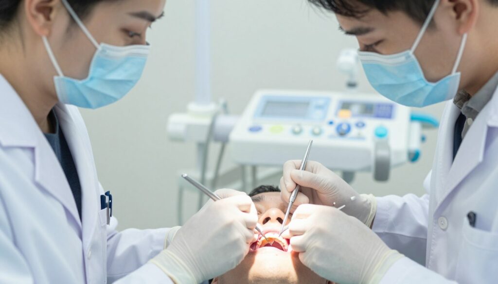 A dental surgery procedure room focusing on the "gum recession coverage" treatment. In the foreground, a professional dentist in a lab coat and mask carefully performing the procedure on a patient with a relaxed expression, showing a close-up of the gums being treated. In the middle ground, a dental assistant is handing over tools, highlighting clinical instruments such as sutures and grafts, emphasizing precision and care. The background features dental equipment and a bright, sterile environment, with soft, even lighting to create an atmosphere of trust and professionalism. The image captures the meticulous steps of gum treatment, illustrating the process clearly and effectively, with no distractions or text elements present. A dental surgery procedure room focusing on the "gum recession coverage" treatment. In the foreground, a professional dentist in a lab coat and mask carefully performing the procedure on a patient with a relaxed expression, showing a close-up of the gums being treated. In the middle ground, a dental assistant is handing over tools, highlighting clinical instruments such as sutures and grafts, emphasizing precision and care. The background features dental equipment and a bright, sterile environment, with soft, even lighting to create an atmosphere of trust and professionalism. The image captures the meticulous steps of gum treatment, illustrating the process clearly and effectively, with no distractions or text elements present.