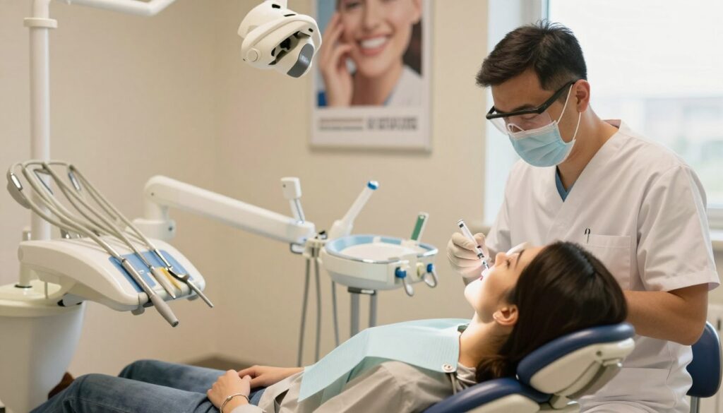 A dentist's office during a root canal treatment, focusing on the dental chair in the foreground where a patient, dressed in a modest medical gown, is comfortably reclined. The dentist, wearing professional scrubs and protective eyewear, is gently administering local anesthesia with a syringe. The middle ground features advanced dental equipment, including an x-ray machine and various dental tools arranged on a tray. Soft, warm lighting casts a calming glow throughout the room, emphasizing the clean, sterile environment. In the background, a motivational poster about dental health hangs on the wall, while a window allows natural light to filter in, enhancing the serene atmosphere. The overall mood is one of reassurance and professionalism, highlighting the importance of pain management during dental procedures.