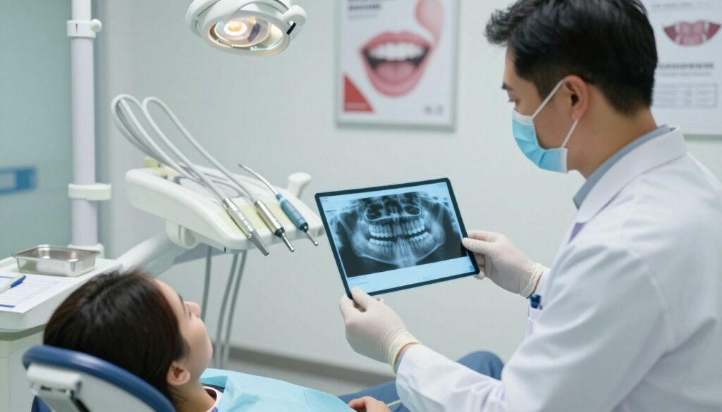 A dentist's office scene depicting the preparation for tooth extraction. In the foreground, a dental professional in a lab coat and protective gloves is reviewing a patient's dental X-rays on a lightbox, with a focused expression. The middle ground features a dental chair equipped with tools like forceps and a suction device, a sterilization tray, and a patient record on a nearby counter. The background shows a clean, modern dental office with posters about oral health on the walls and a soft light illuminating the space, creating a calm and professional atmosphere. The lens should capture the scene from a slight angle, emphasizing the preparation process while maintaining a clinical yet approachable mood.