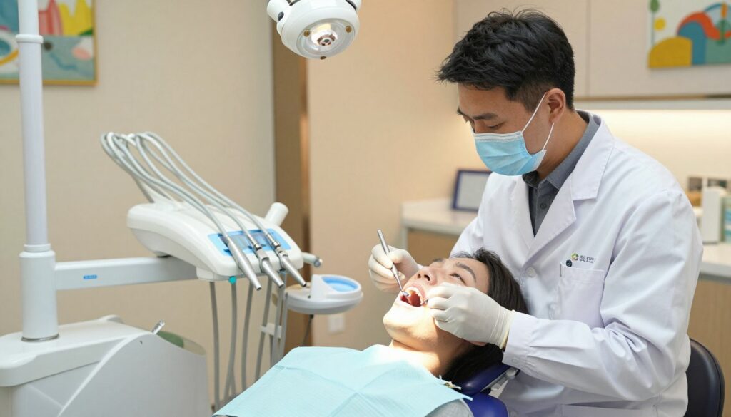 A dentist's office showcasing a professional and serene atmosphere for treating gum inflammation. In the foreground, a dentist wearing a lab coat and gloves is carefully examining a patient's mouth, using a dental mirror and light. The patient, in a comfortable chair wearing a dental bib, looks reassured. In the middle ground, dental tools and a high-tech workstation are neatly organized, reflecting modern dental care. The background reveals soothing artwork on the walls and soft, warm lighting to create a calming environment. The scene conveys a sense of urgency for dental care yet maintains a tranquil mood, emphasizing the importance of professional treatment for gum issues. A dentist's office showcasing a professional and serene atmosphere for treating gum inflammation. In the foreground, a dentist wearing a lab coat and gloves is carefully examining a patient's mouth, using a dental mirror and light. The patient, in a comfortable chair wearing a dental bib, looks reassured. In the middle ground, dental tools and a high-tech workstation are neatly organized, reflecting modern dental care. The background reveals soothing artwork on the walls and soft, warm lighting to create a calming environment. The scene conveys a sense of urgency for dental care yet maintains a tranquil mood, emphasizing the importance of professional treatment for gum issues.