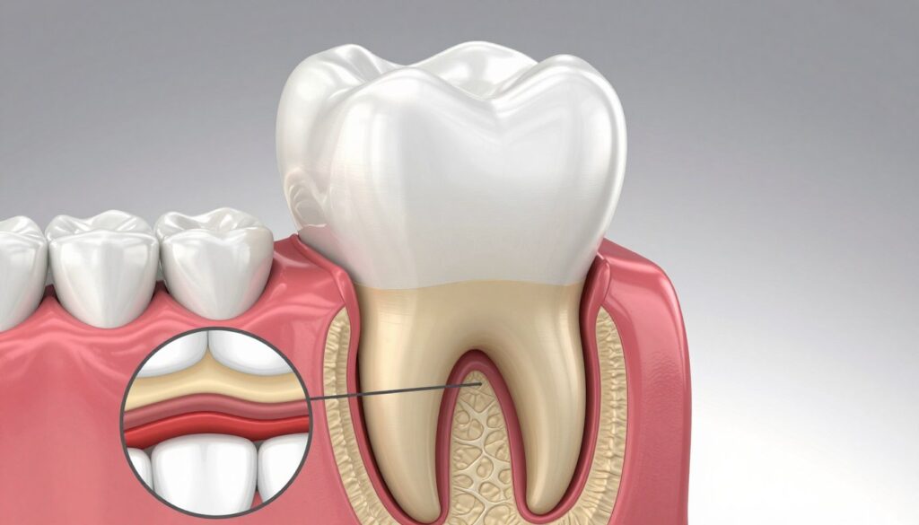 A detailed anatomical illustration of a human tooth, showcasing its structure: a gleaming white crown, a slightly tapered neck, and a deep-rooted root. In the foreground, zoom in on cross-sectional views of the tooth revealing the layers of enamel, dentin, and pulp. The middle layer should display a realistic depiction of periodontal ligaments and bone structure surrounding the root. The background should be a soft gradient that subtly emphasizes dental health, with gentle, diffused lighting illuminating the tooth's surface to highlight textures and shapes. The angle should be slightly angled from above for a comprehensive view, creating a focused mood of educational depth and clarity. A detailed anatomical illustration of a human tooth, showcasing its structure: a gleaming white crown, a slightly tapered neck, and a deep-rooted root. In the foreground, zoom in on cross-sectional views of the tooth revealing the layers of enamel, dentin, and pulp. The middle layer should display a realistic depiction of periodontal ligaments and bone structure surrounding the root. The background should be a soft gradient that subtly emphasizes dental health, with gentle, diffused lighting illuminating the tooth's surface to highlight textures and shapes. The angle should be slightly angled from above for a comprehensive view, creating a focused mood of educational depth and clarity.