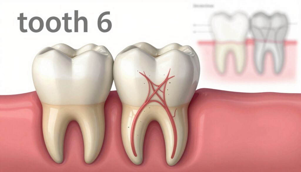 A detailed and informative illustration of a lower molar tooth, specifically "tooth 6," showcasing its typical anatomy with emphasis on the four root canals. The foreground features a highly realistic depiction of the tooth, highlighting the intricate structure of each canal. In the middle ground, a subtle shadow helps to create depth, while a light source from above illuminates the tooth, enhancing the texture and contours. In the background, a blurred dental diagram provides context but remains non-distracting. The overall mood is clinical and educational, conveying a sense of precision and accuracy. The image should focus solely on the anatomical details without any text or overlays.