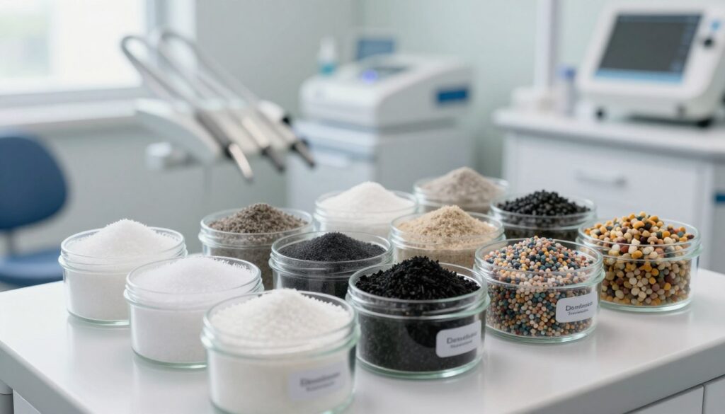 A detailed arrangement showcasing various types of sand used for dental sandblasting, with a focus on different textures and colors. In the foreground, display several small glass containers, each containing distinct sand types: fine white sand, coarse black sand, and colored granules. The middle layer features a modern dental clinic setting with professional dental tools and equipment neatly arranged. In the background, soft, diffused lighting creates a calm and sterile atmosphere, enhancing the professional feel of the scene. The angle is slightly elevated, providing a comprehensive view of the sand types and their container labels, highlighted gently by natural light coming from a nearby window. The mood is informative and clinical, emphasizing precision and care in dental procedures. A detailed arrangement showcasing various types of sand used for dental sandblasting, with a focus on different textures and colors. In the foreground, display several small glass containers, each containing distinct sand types: fine white sand, coarse black sand, and colored granules. The middle layer features a modern dental clinic setting with professional dental tools and equipment neatly arranged. In the background, soft, diffused lighting creates a calm and sterile atmosphere, enhancing the professional feel of the scene. The angle is slightly elevated, providing a comprehensive view of the sand types and their container labels, highlighted gently by natural light coming from a nearby window. The mood is informative and clinical, emphasizing precision and care in dental procedures.