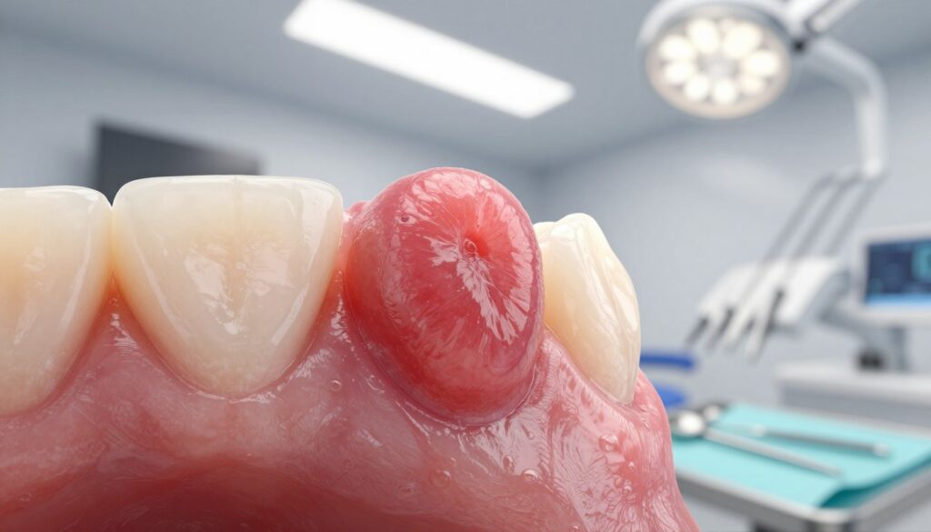 A detailed close-up of a healthy human gum line with a prominent, swollen gum bump indicative of an abscess. The foreground features a vibrant pink gum with a noticeable, slightly reddish lump, showing signs of irritation and inflammation. In the background, a blurred out dental clinic setting can be seen, including bright overhead lights and dental tools on a tray, conveying a sense of urgency and professionalism. The lighting is bright and clinical, enhancing the clarity of the gum structure and the swelling. The atmosphere feels serious yet focused, emphasizing the importance of dental health. No human subjects are depicted, and all elements create an informative and educational ambiance, suitable for a medical discussion.
