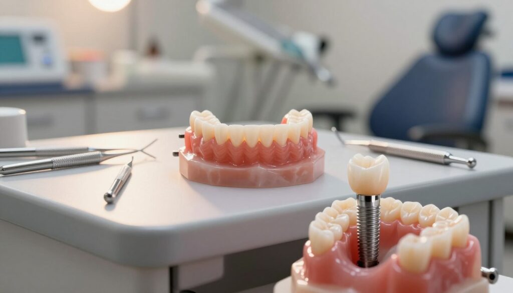 A detailed comparison image showcasing a dental prosthesis on implants versus a removable denture. In the foreground, focus on a realistic, detailed dental implant abutment with a close-up view of an aesthetically pleasing prosthetic tooth attached. In the middle ground, display a removable denture sitting elegantly on a dental lab workbench, surrounded by dental tools, creating a sense of craftsmanship and precision. The background features a softly lit dental office environment, with blurred outlines of dental chairs and tools. The lighting should be warm and inviting, suggesting comfort and professionalism. The overall mood should convey a sense of advanced dental care, emphasizing innovation and quality in dental health solutions.
