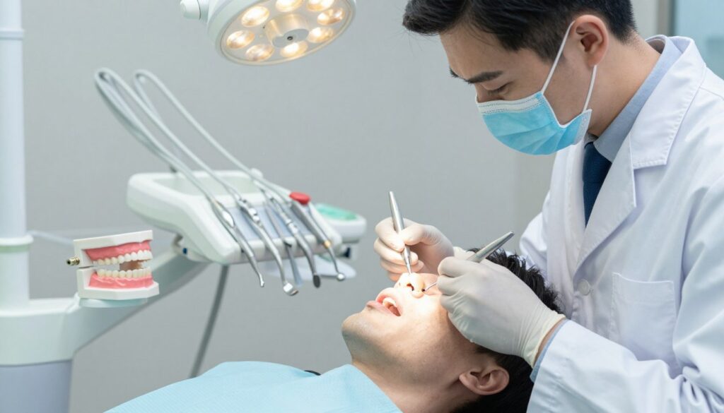 A detailed dental clinic scene illustrating the step-by-step stages of dental crown treatment. In the foreground, a dental professional in business attire is carefully examining a patient's tooth, equipped with dental tools. The middle ground features a dental chair and various instruments, with a close-up of a tooth model demonstrating the crown fitting process. In the background, warm LED lights illuminate the space, creating a calm and professional atmosphere. The lens is slightly focused on the dental interaction, providing a clear view of the procedure while softly blurring the background. The overall mood is reassuring and informative, conveying the essence of dental care and patient consultation.