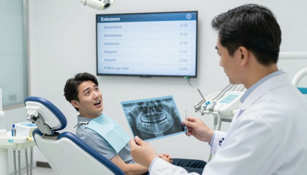 A detailed dental clinic setting illustrating the costs associated with tooth extraction and implant procedures. Foreground features a professional dentist in a white coat, examining dental x-rays while holding dental tools. The middle layer displays a patient seated comfortably in a modern dental chair, with an anxious yet hopeful expression. Behind them, a large wall-mounted display neatly lists the components that influence the cost—extractions, anesthesia, implants, and follow-up care, creating a structured and educational atmosphere. Bright, natural lighting illuminates the room, enhancing the sterile and inviting ambiance. The perspective is slightly angled, providing a clear view of both the patient and the dental equipment. Overall, the mood is professional, informative, and focused on dental health and expenses.