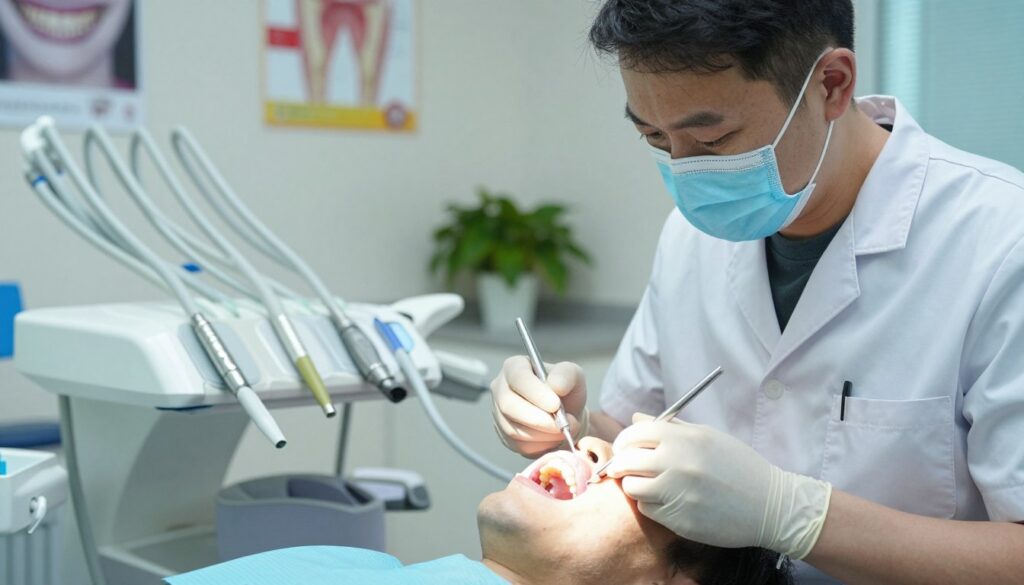 A detailed dental treatment scene focused on gum recession therapy. The foreground features a dentist in professional attire, gently examining a patient's mouth with dental tools. The middle section displays a close-up view of a dental unit, including a scaling device and dental instruments arranged neatly. In the background, a calming clinical setting is visible, with soft lighting that creates a serene atmosphere. The walls are adorned with dental posters and calming greenery, suggesting a healing environment. The overall mood is professional yet caring, emphasizing the importance of gum health and the advanced treatments available for recession, such as scaling and regenerative procedures. A detailed dental treatment scene focused on gum recession therapy. The foreground features a dentist in professional attire, gently examining a patient's mouth with dental tools. The middle section displays a close-up view of a dental unit, including a scaling device and dental instruments arranged neatly. In the background, a calming clinical setting is visible, with soft lighting that creates a serene atmosphere. The walls are adorned with dental posters and calming greenery, suggesting a healing environment. The overall mood is professional yet caring, emphasizing the importance of gum health and the advanced treatments available for recession, such as scaling and regenerative procedures.