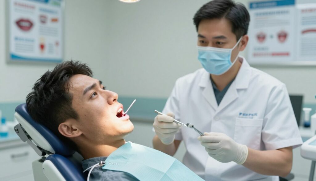 A detailed depiction of a dental examination room focusing on a dentist's chair in the foreground, showcasing a patient with a concerned expression, wearing a dental bib. The patient's mouth is partially open, revealing a fresh extraction site, indicative of a dry socket with a subtle visual emphasis on the gum area. In the middle ground, a dentist in professional attire examines dental tools, looking focused and serious, symbolizing the risks of consuming alcohol post-extraction. The background features a softly lit dental office with informational posters about dental care on the walls. The atmosphere should convey a sense of caution and professionalism, with soft, natural lighting to instill a calm yet serious tone.