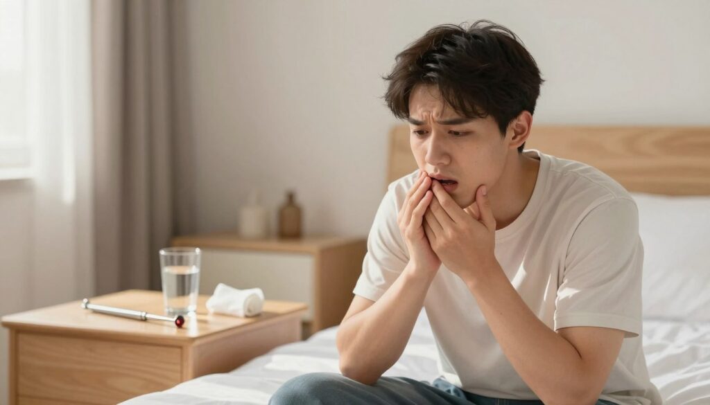 A detailed illustration depicting potential complications and alarm symptoms following tooth extraction. In the foreground, a worried young adult is shown sitting on a bed, clutching their jaw with a look of concern, dressed in comfortable, modest clothing. The middle layer features a partially visible dental toolkit on a bedside table, hinting at a recent dental procedure, while a glass of water and gauze wraps are placed nearby. The background consists of a softly lit cozy bedroom with neutral tones, an inviting atmosphere, yet reflecting the tension of the situation. Natural light filters in through a window, casting gentle shadows, creating a clinical yet calming ambiance. The image should evoke a sense of urgency and caution without being distressing.