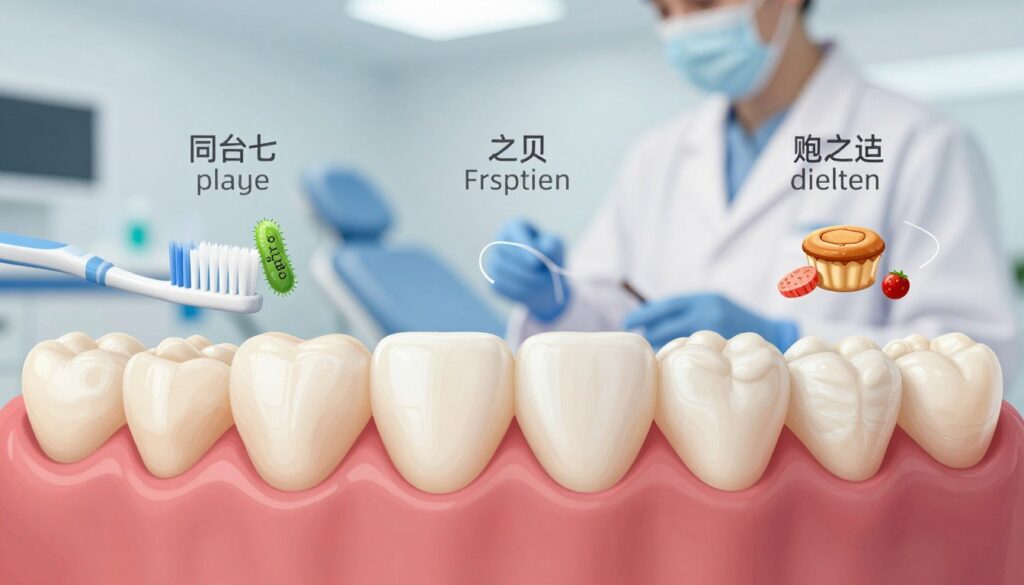 A detailed illustration depicting the causes of gum inflammation. In the foreground, a close-up of healthy vs. inflamed gums, showcasing the differences in color and texture. In the middle ground, a visual representation of common risk factors like dental plaque, bacteria, and poor oral hygiene practices, including a toothbrush, dental floss, and sugary foods. In the background, a blurred dental clinic environment, emphasizing cleanliness and professionalism. Soft, diffused lighting to illuminate the gums while casting gentle shadows, creating a clinical yet approachable atmosphere. The camera angle should focus from slightly above eye level to offer a clear view of the gum health comparison, enhancing the educational aspect of the image.