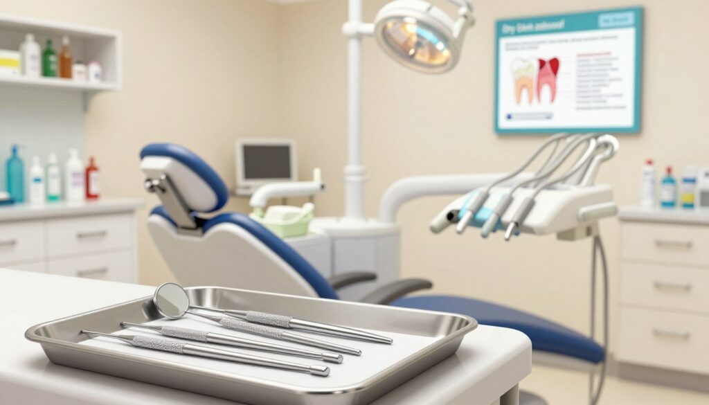 A detailed illustration of a dental clinic setting, focusing on a doctor's examination area, intended to convey the topic of "dry socket" (suchy zębodół). In the foreground, a dentist's tools—such as dental mirrors and forceps—are neatly arranged on a sterile tray. In the middle ground, a dental chair is visible, designed for patient comfort, with soft lighting creating a calming atmosphere. A dental chart hangs on the wall, displaying clear instructions for post-extraction care. The background features shelves stocked with dental supplies. The lighting is soft and warm, giving a sense of reassurance and professionalism. The overall mood is focused yet inviting, emphasizing the importance of taking care after a tooth extraction.