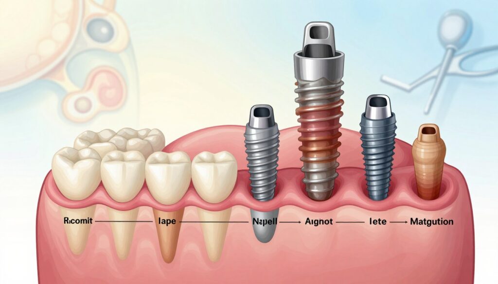 A detailed illustration of a healing timeline for dental implant patients. In the foreground, show a detailed diagram of healthy gum tissue transitioning through various healing stages after implant placement, with layers labeled to indicate periods of inflammation, stabilization, and maturation. In the middle ground, depict a close-up of a dental implant surrounded by gum tissue in different stages of healing, highlighting texture and color changes, indicating what a patient might observe. The background should have a soft gradient, suggesting an ethereal quality, with subtle hints of dental tools and anatomy illustrations to enhance focus on the healing process. Use bright, natural lighting to emphasize clarity and a clinical atmosphere, and capture the scene from a slight top-down angle for a comprehensive overview.