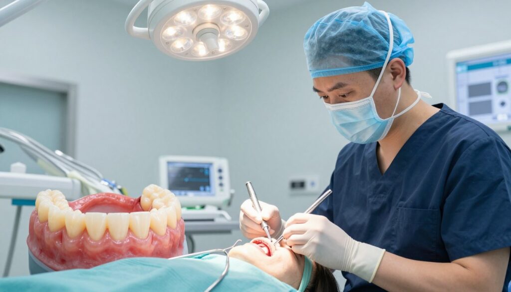 A detailed illustration of advanced periodontal surgical techniques, showcasing various types of gum grafts. In the foreground, a dental surgeon in professional attire, focusing on a surgical procedure with precision tools. The surgeon has a thoughtful expression, highlighting dedication to patient care. In the middle ground, a close-up view of a patient's gums being treated, with clear visibility of the graft being applied, emphasizing modern surgical instruments and techniques. The background features a well-organized dental operatory, with bright, sterile lighting illuminating the scene, creating a clinical yet reassuring atmosphere, emphasizing professionalism and innovation in modern dentistry. The image composition should convey a sense of expertise and care, suitable for an educational context.