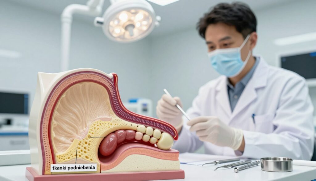 A detailed illustration of the anatomical structures of the palate, focusing on "tkanki podniebienia," in a professional, educational setting. In the foreground, a precise, labeled cross-section of the palatal tissue, displaying its layers: mucosa, submucosa, and connective tissue, with textures highlighted for clarity. In the middle ground, a dentist in a white coat and gloves examines an anatomical model, surrounded by dental tools and equipment, emphasizing a clinical atmosphere. The background features a softly blurred dental clinic, with bright, overhead lighting that enhances the detail of the tissues. The mood is informative and clinical, suitable for a professional audience. The angle is slightly elevated to capture both the model and the practitioner’s attentive gaze. A detailed illustration of the anatomical structures of the palate, focusing on "tkanki podniebienia," in a professional, educational setting. In the foreground, a precise, labeled cross-section of the palatal tissue, displaying its layers: mucosa, submucosa, and connective tissue, with textures highlighted for clarity. In the middle ground, a dentist in a white coat and gloves examines an anatomical model, surrounded by dental tools and equipment, emphasizing a clinical atmosphere. The background features a softly blurred dental clinic, with bright, overhead lighting that enhances the detail of the tissues. The mood is informative and clinical, suitable for a professional audience. The angle is slightly elevated to capture both the model and the practitioner’s attentive gaze.