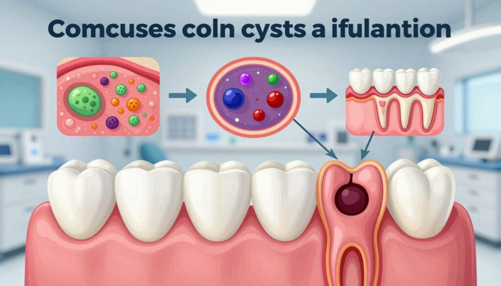 A detailed illustration showcasing the common causes of cyst formation on gums. In the foreground, a clear and vibrant dental diagram highlights key anatomical structures of the gum and tooth, focusing on the area where a cyst may develop. The middle section depicts biological factors, such as an inflamed gum tissue and bacteria, illustrated with vivid colors to convey infection. In the background, a soft-focus image of a dental clinic sets a clinical and informative atmosphere, with gentle lighting illuminating the scene. The composition combines realism with educational elements, aiming to provide a clear understanding of the causes of gum cysts. The entire image conveys a professional, educational mood, suitable for a medical article.
