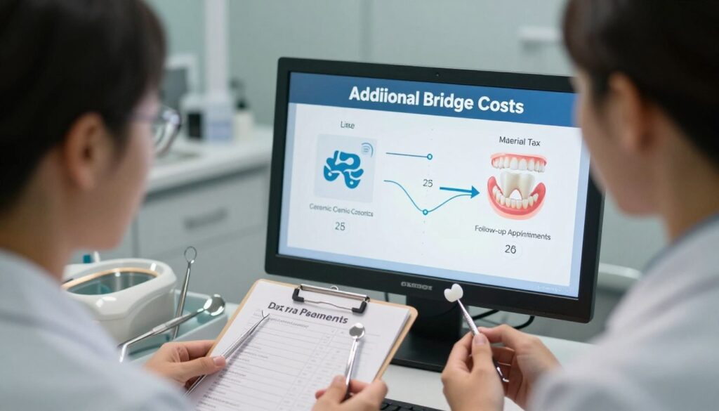 A detailed image showcasing the concept of additional costs associated with a dental bridge for a single tooth. In the foreground, a thoughtful dentist examines various dental tools and a patient chart, emphasizing the consultation phase. The middle ground features a digital screen displaying a breakdown of possible extra expenses, like materials tax, ceramic coatings, and follow-up appointments, visually represented with clear icons and numbers. The background consists of a modern dental office, softly lit to convey a calm and professional atmosphere. The scene is captured from a slight angle, with a warm light source creating reflections on the dental instruments, emphasizing the importance of transparency in pricing. The overall mood is informative and serious, appealing to potential patients considering their dental options. A detailed image showcasing the concept of additional costs associated with a dental bridge for a single tooth. In the foreground, a thoughtful dentist examines various dental tools and a patient chart, emphasizing the consultation phase. The middle ground features a digital screen displaying a breakdown of possible extra expenses, like materials tax, ceramic coatings, and follow-up appointments, visually represented with clear icons and numbers. The background consists of a modern dental office, softly lit to convey a calm and professional atmosphere. The scene is captured from a slight angle, with a warm light source creating reflections on the dental instruments, emphasizing the importance of transparency in pricing. The overall mood is informative and serious, appealing to potential patients considering their dental options.